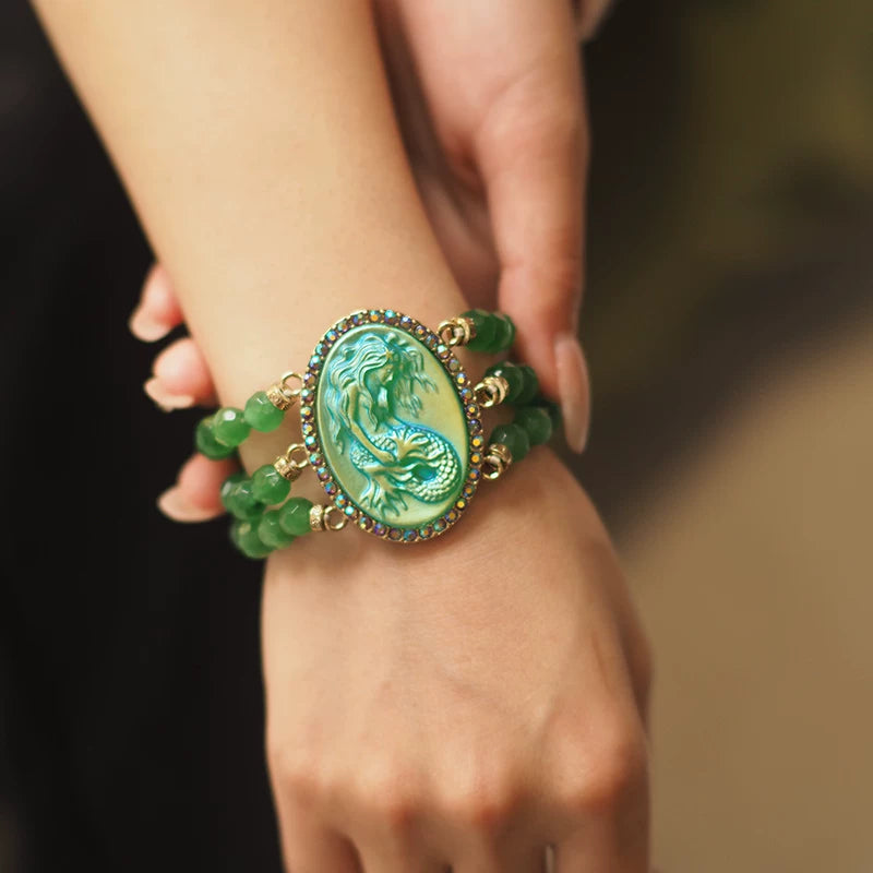 Vintage Mermaid Relief Beaded Bracelet for Women – Medieval-Inspired Retro Statement Fashion Jewelry