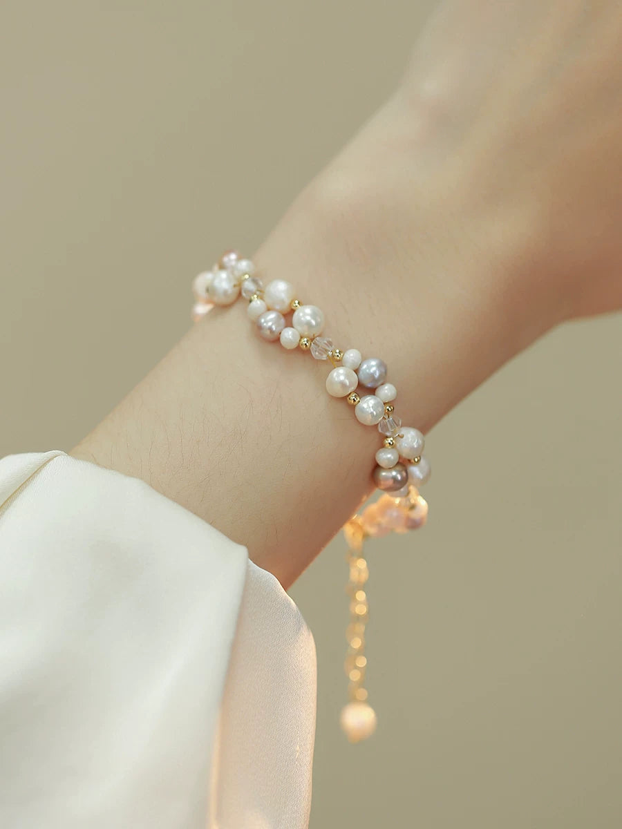 Double Layer Braided Natural Pearl Necklace and Bracelet Set for Women – Beaded Jewelry Set