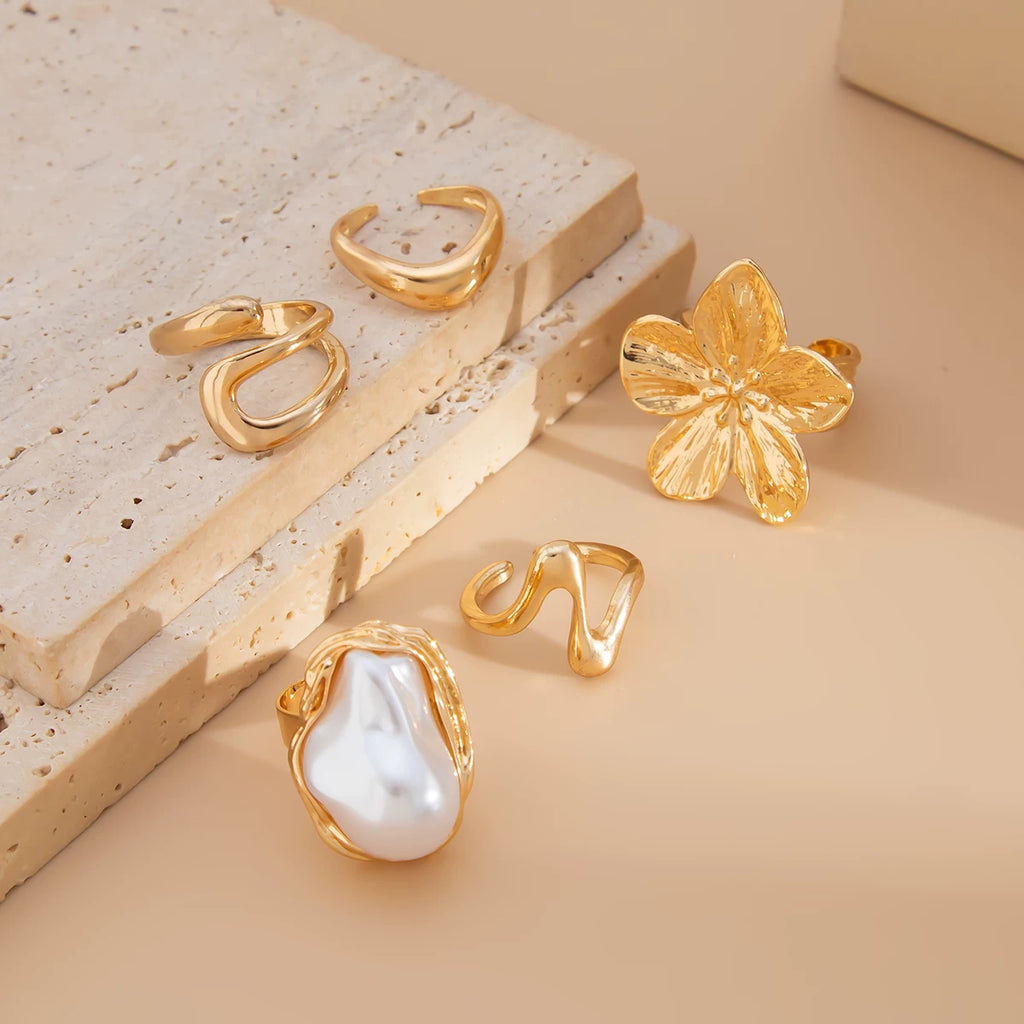 5-Piece Baroque Imitation Pearl Flower Ring Set Hip-Hop Fashion Personalized Travel Photo Matching Ring Set
