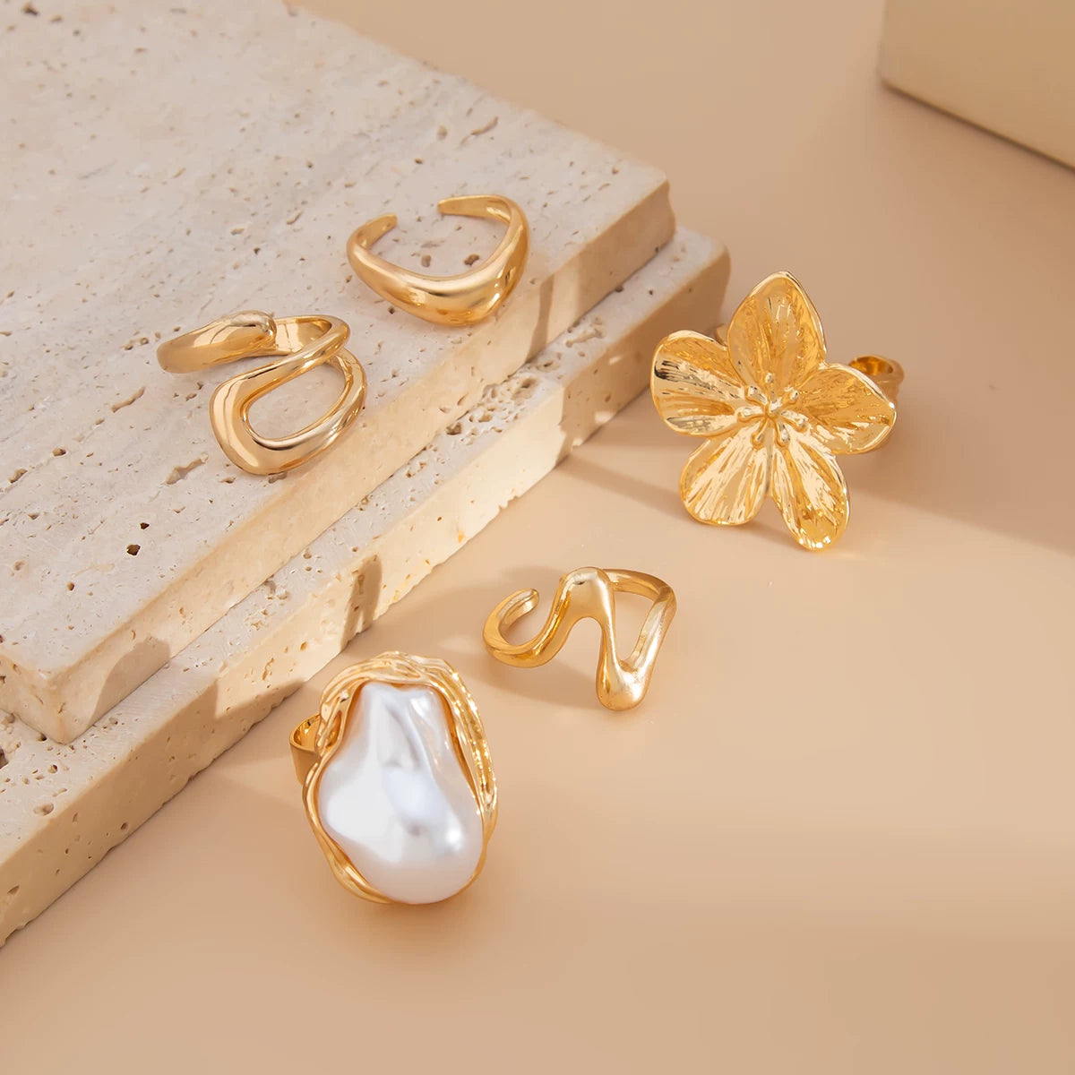 5-Piece Baroque Imitation Pearl Flower Ring Set Hip-Hop Fashion Personalized Travel Photo Matching Ring Set