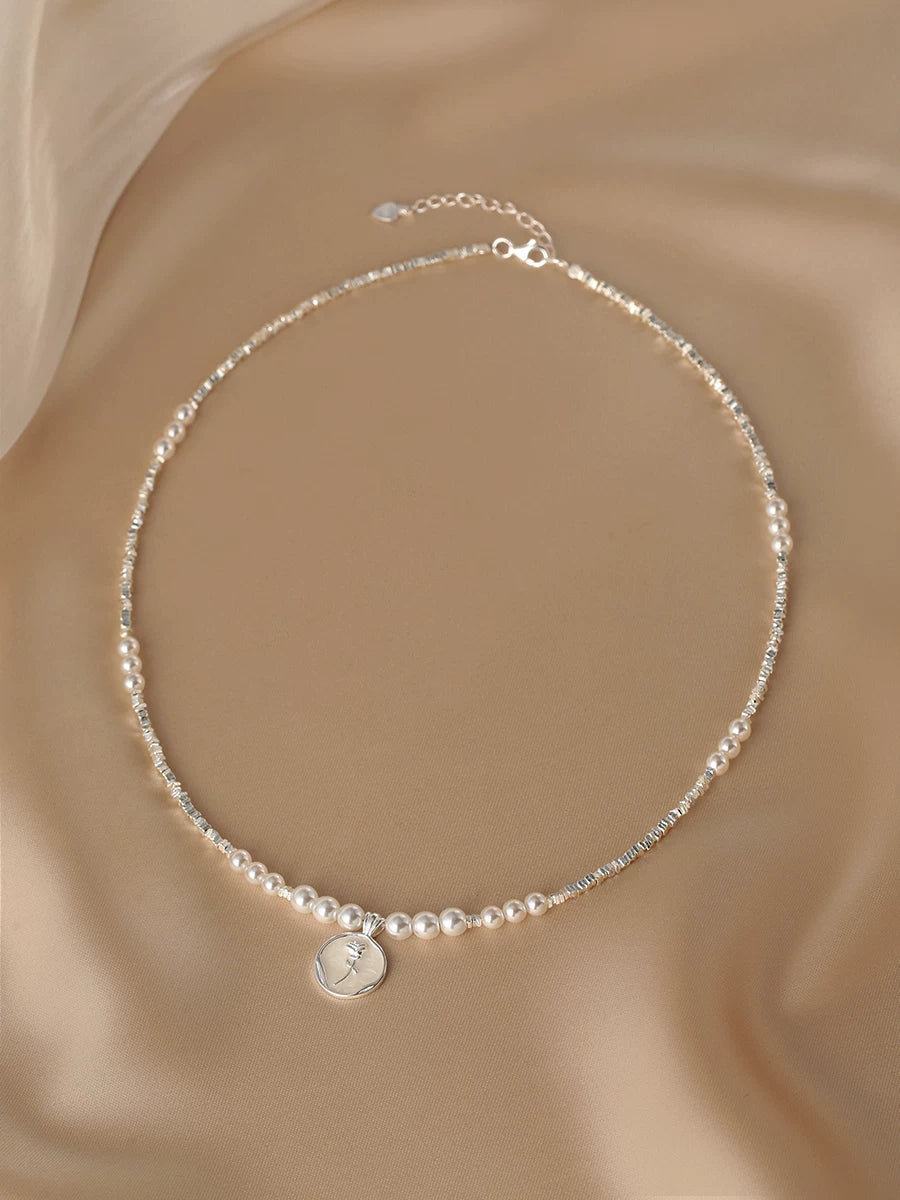Broken Silver Style Natural Pearl Necklace for Women – S925 Silver Drip Glaze Rose Pendant Clavicle Chain