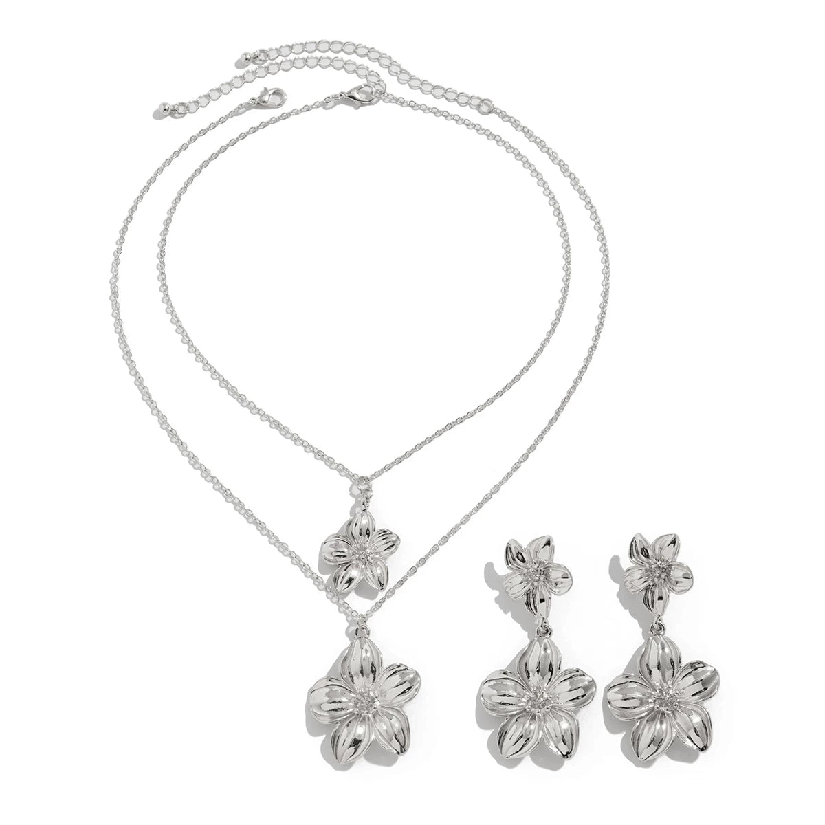 Metal Striped Flower Earrings & Necklace Set – Matching Jewelry Set Design
