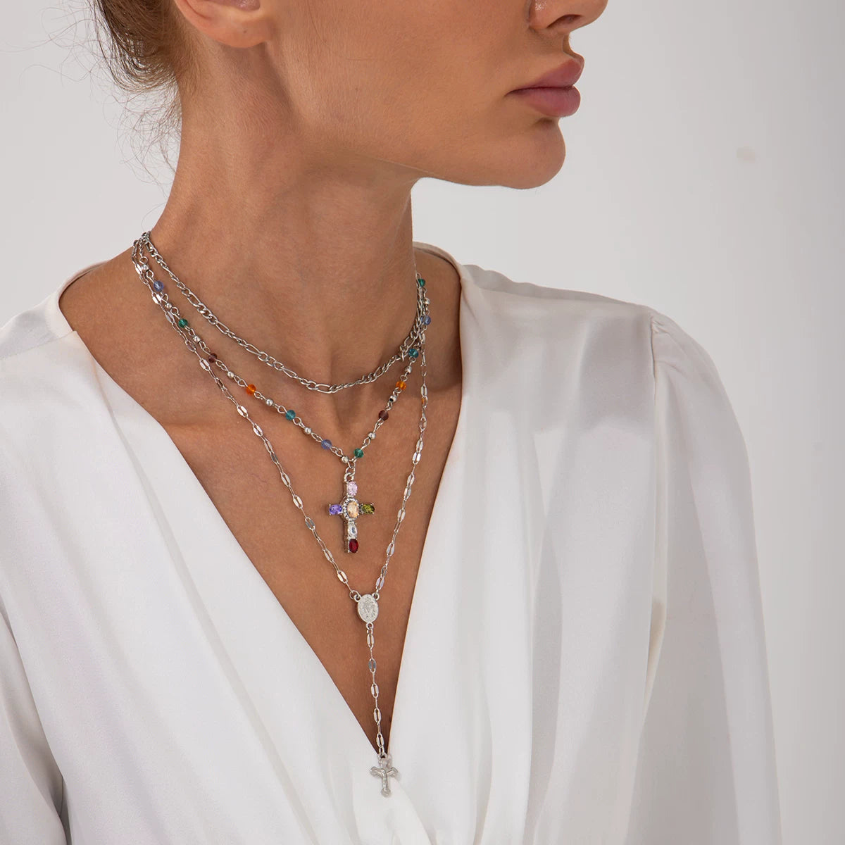 3-Piece Cross Crystal Necklace Set for Women – Layered Clavicle Chain Design