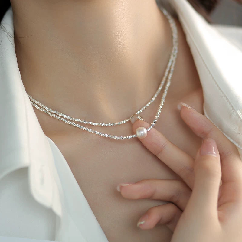 Broken Silver Style Pearl Necklace for Women – 925 Sterling Silver Fine Chain Clavicle Necklace