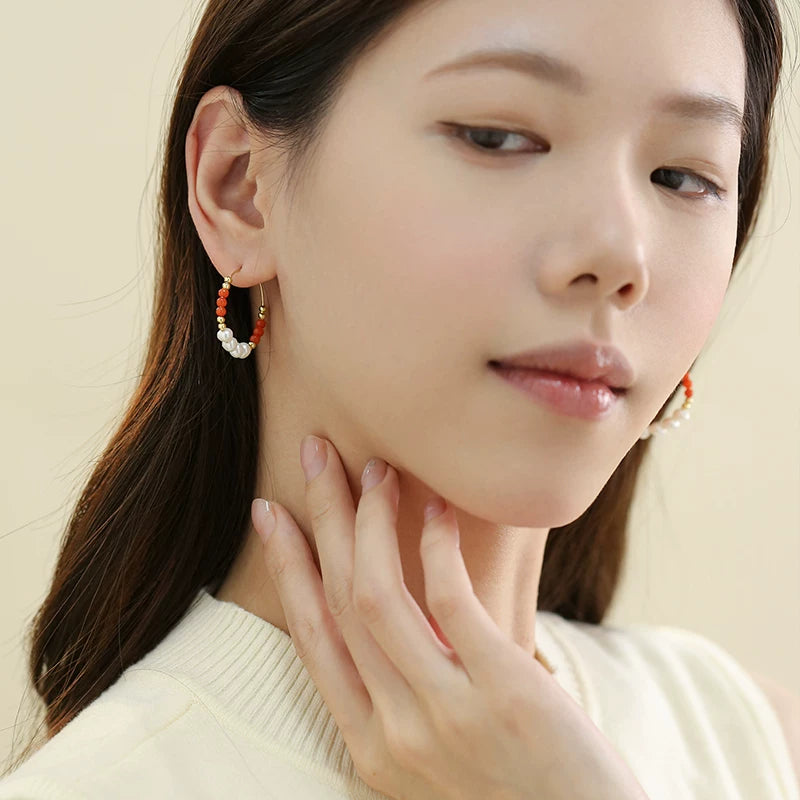 Natural Freshwater Pearl Red Agate Circle Earrings for Women – Chinese Style Round Fashion Earrings