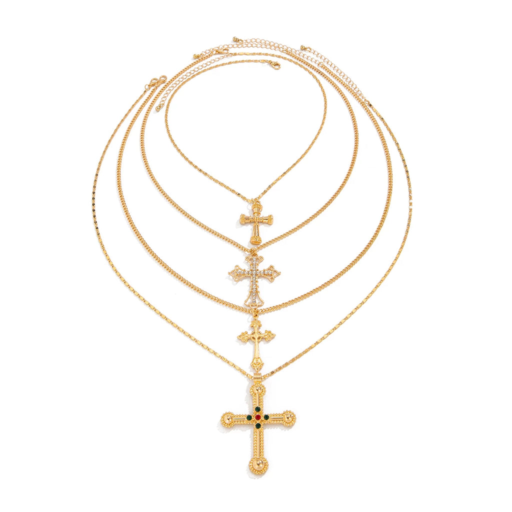 4-Piece Diamond-Style Cross Necklace Set for Women – Layered Clavicle Chain Design