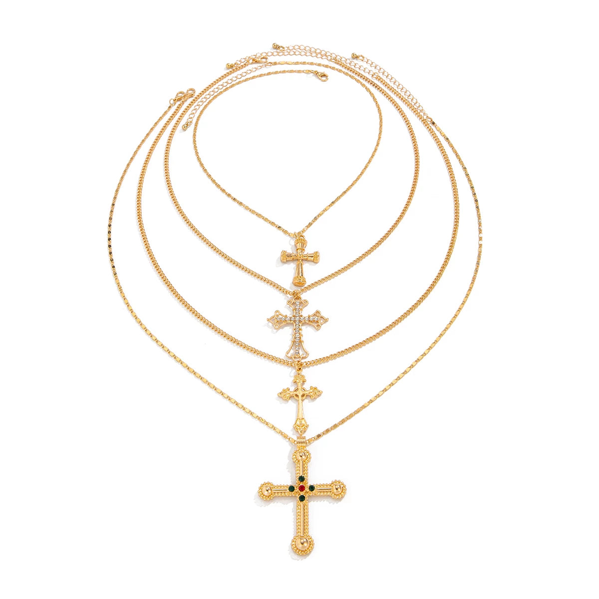 4-Piece Diamond-Style Cross Necklace Set for Women – Layered Clavicle Chain Design