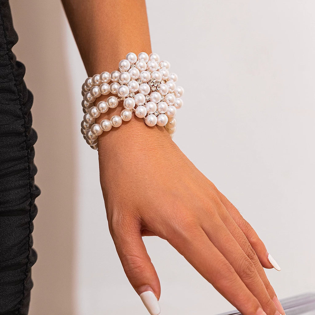 Diamond-Encrusted Hollow Multi-Layer Imitation Pearl Bracelet Necklace For Women, Hip-Hop Exaggerated Fashion Personality Photo Accessories