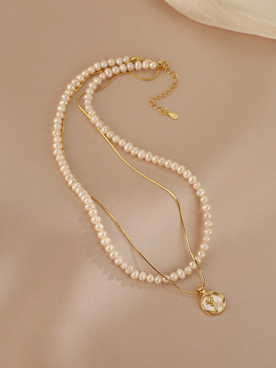 Double Layer Natural Freshwater Pearl Necklace for Women – Rose Pendant Clavicle Chain Fashion Necklace