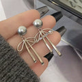 Gray Pearl Bow Tassel Earrings for Women – S925 Silver Needle Long Drop Fashion Earrings