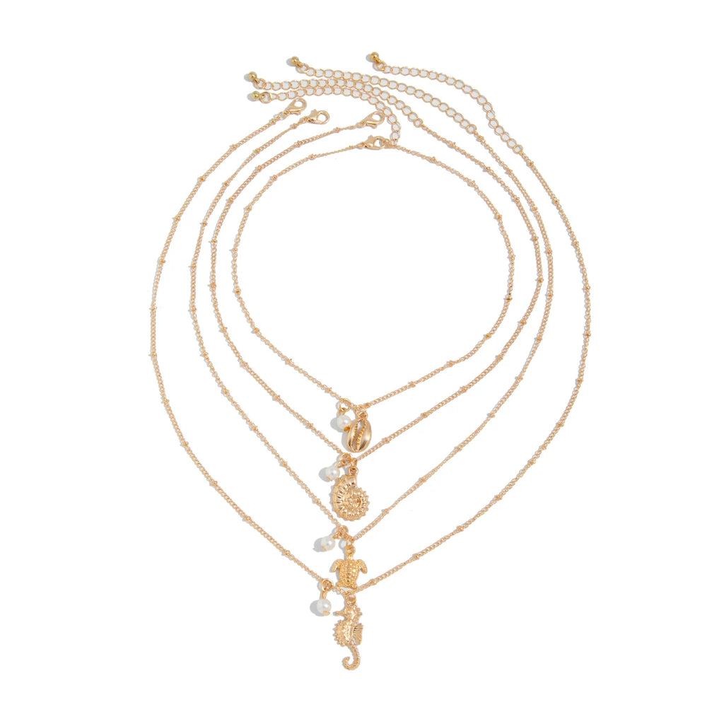 4-Piece Pearl Seahorse & Turtle Pendant Necklace Set – Layered Clavicle Chain Design
