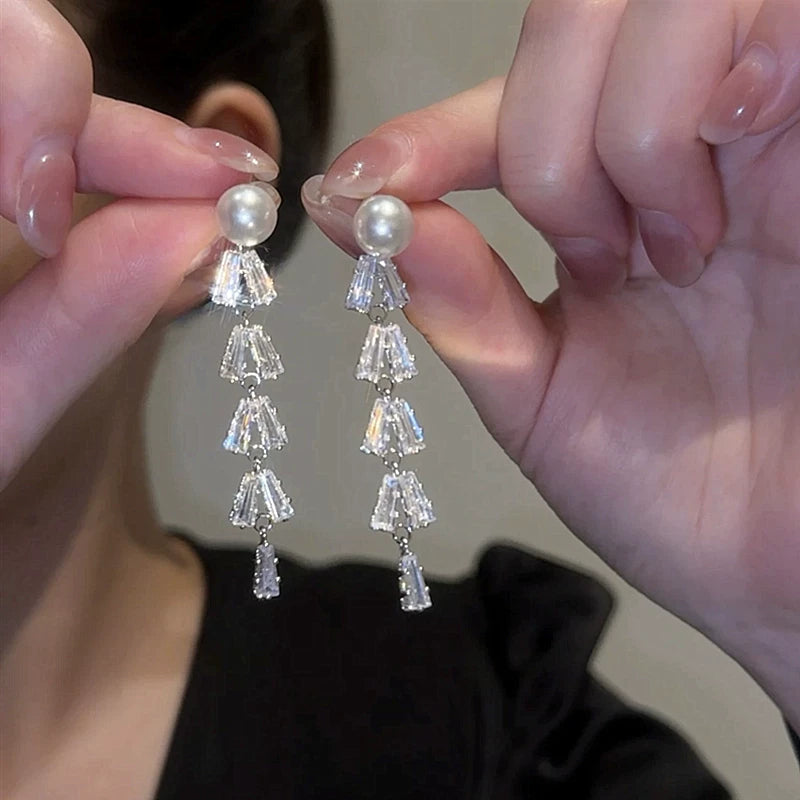 Zircon Pearl Tassel Earrings for Women – S925 Silver Needle Long Drop Fashion Earrings