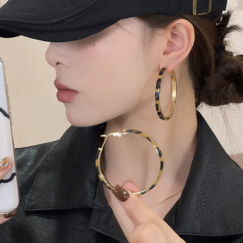 Leopard Print Hoop Earrings for Women – S925 Silver Needle Retro Large Round Earrings