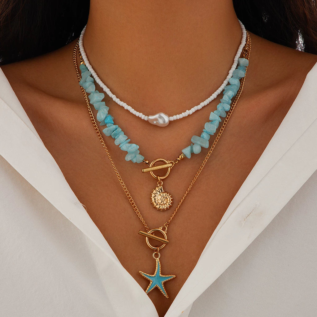 3-Piece Starfish Imitation Turquoise & Rice Bead Necklace Set – Layered Clavicle Chain Design