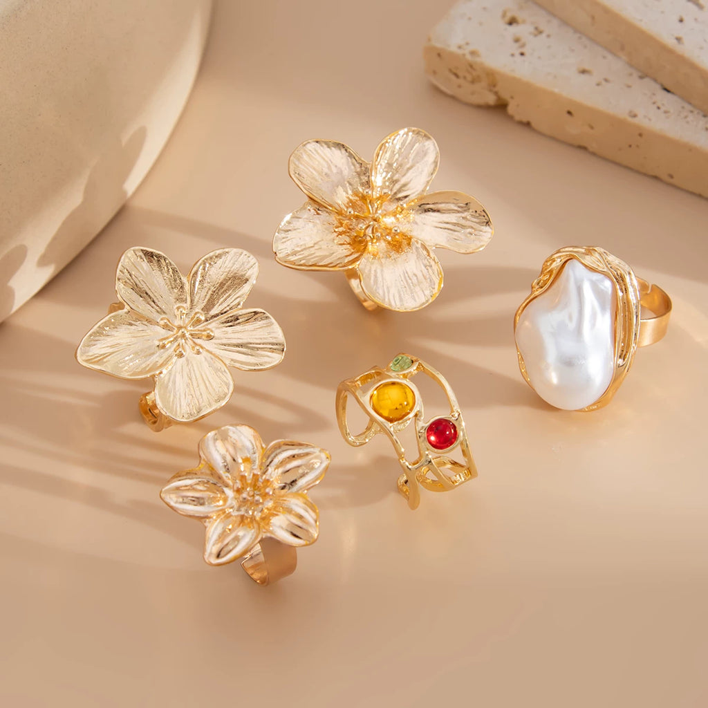 5-Piece Baroque Imitation Pearl Flower Ring Set Hip-Hop Fashion Personalized Travel Photo Matching Ring Set