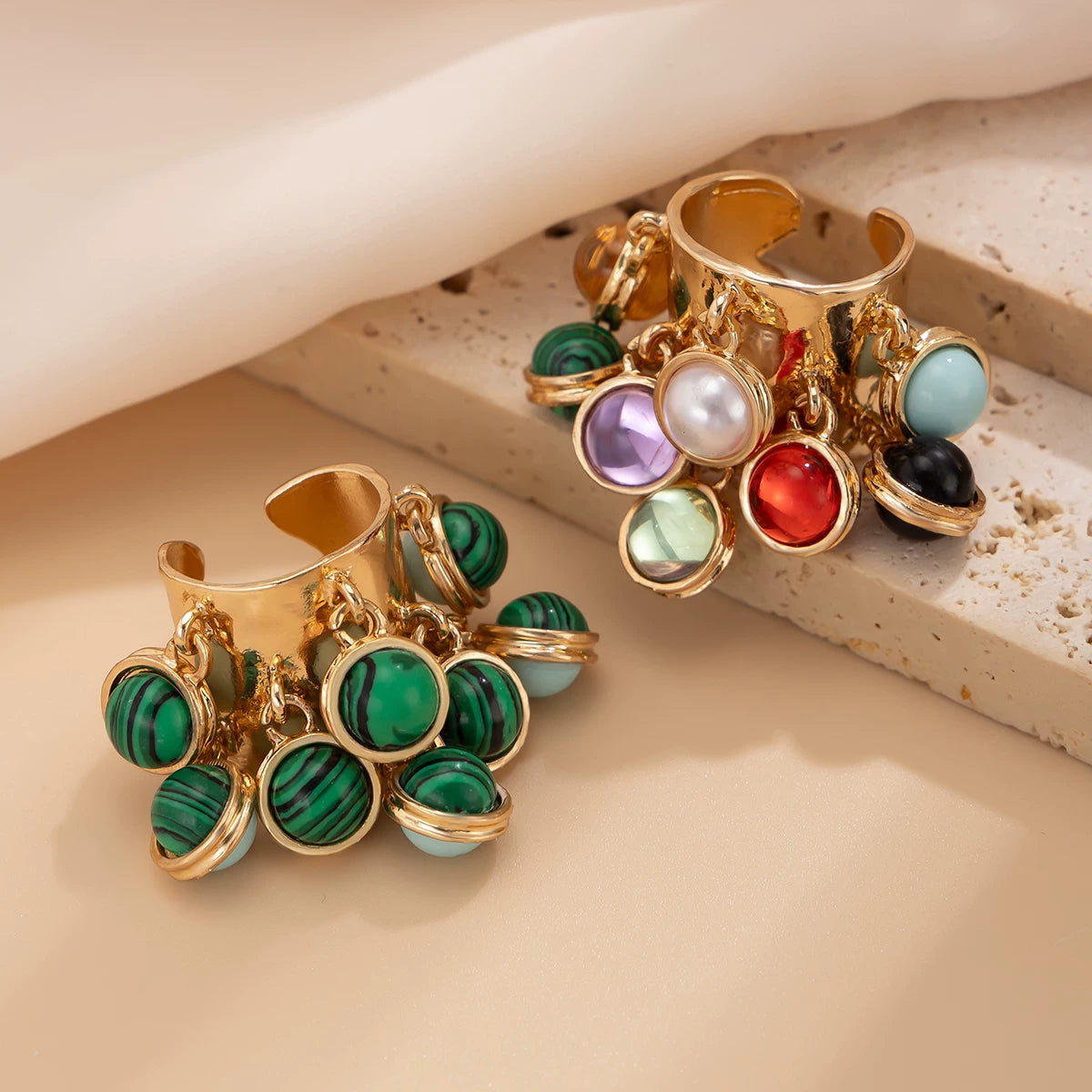 Irregular Colored Round Gemstone Ring For Women European And American Hip-Hop Trend Creative Personality Niche Design Ring