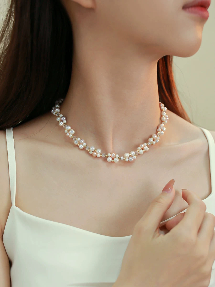 Double Layer Braided Natural Pearl Necklace and Bracelet Set for Women – Beaded Jewelry Set