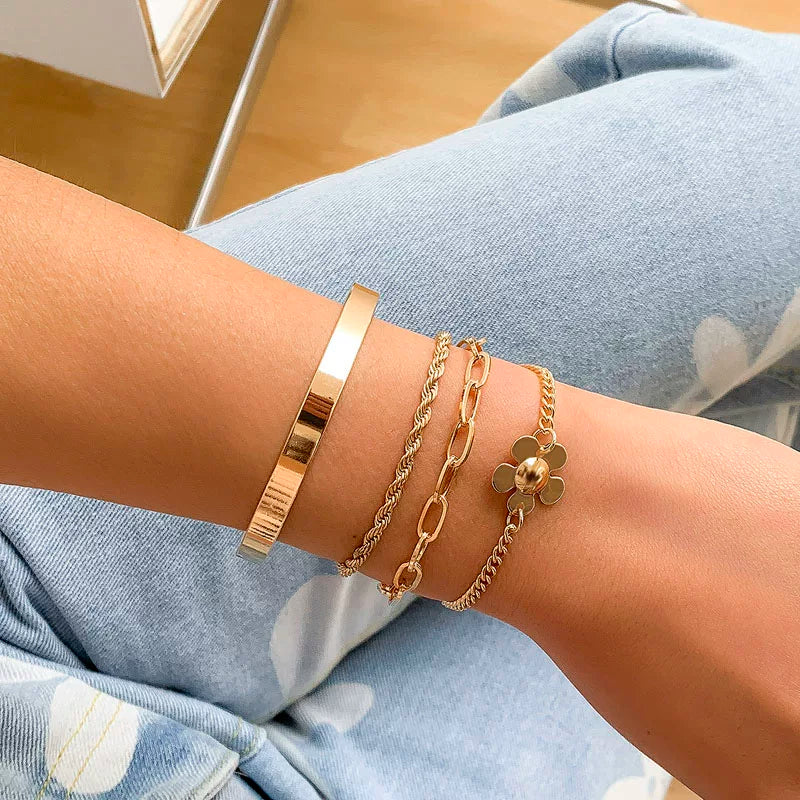 4-Piece Twist Metal Bracelet Set for Women – European & American 2025 Summer Minimalist Influencer-Inspired Hand Jewelry