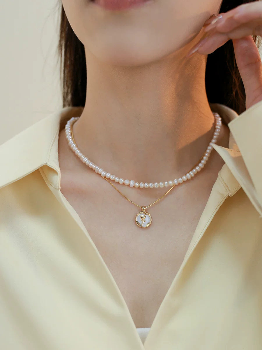 Double Layer Natural Freshwater Pearl Necklace for Women – Rose Pendant Clavicle Chain Fashion Necklace
