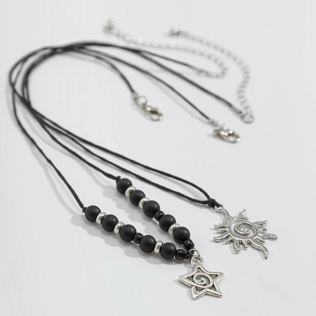 2-Piece Sun & Five-Pointed Star Frosted Bead Wax Thread Necklace Set – Long Clavicle Chain Design