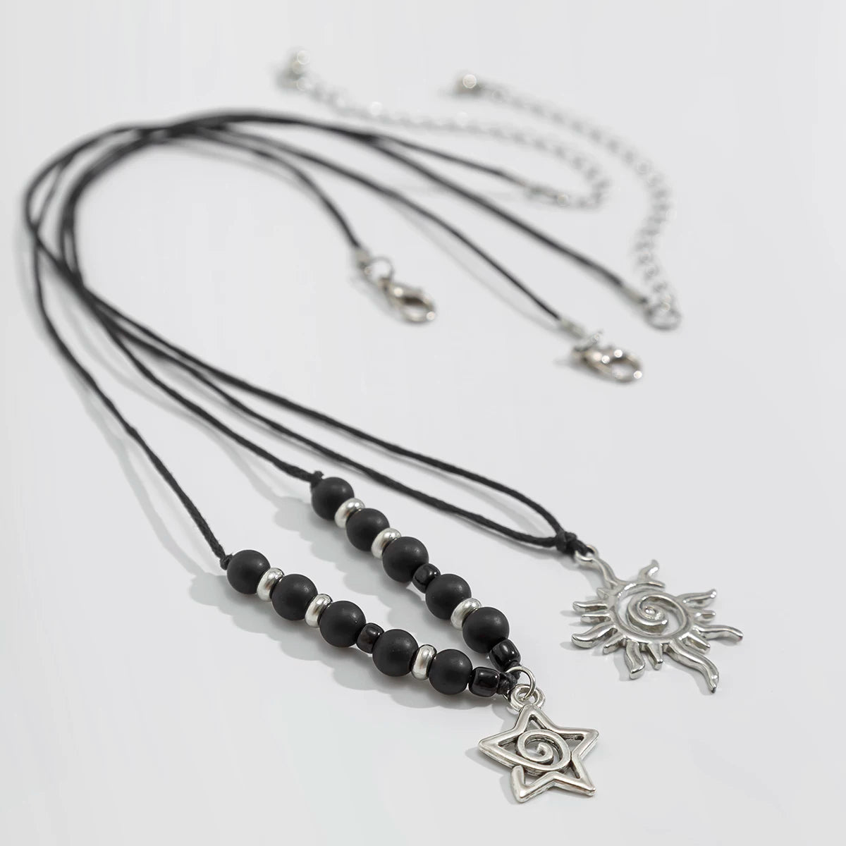 2-Piece Sun & Five-Pointed Star Frosted Bead Wax Thread Necklace Set – Long Clavicle Chain Design