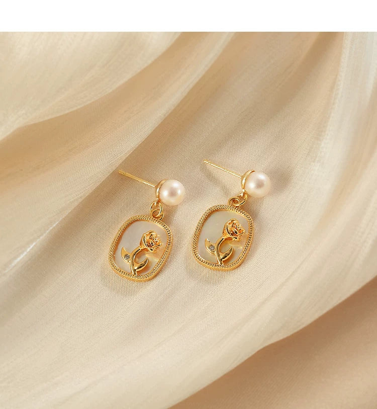 Geometric Mother-of-Pearl Earrings for Women – Rose Mirror Finish Retro Style Fashion Earrings