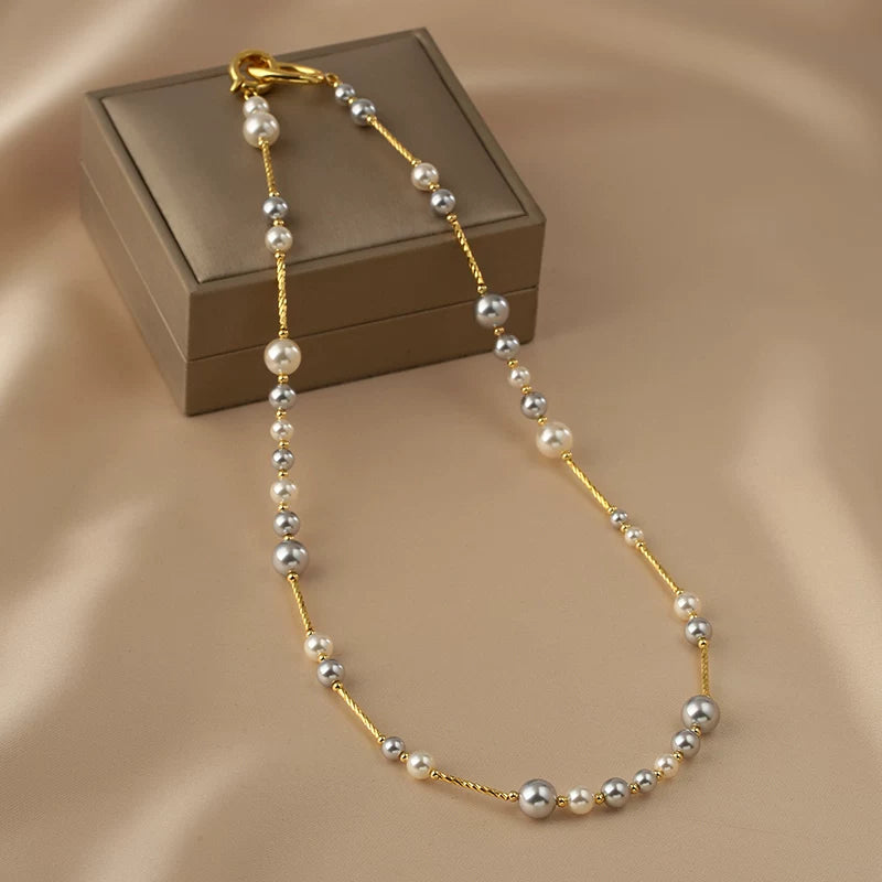 Mixed Color Round Pearl Sweater Necklace for Women – 14K Gold-Filled Long Chain Necklace