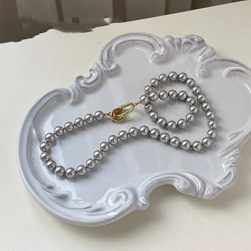 British Style Silver Gray Round Pearl Necklace for Women – Clavicle Chain Fashion Necklace