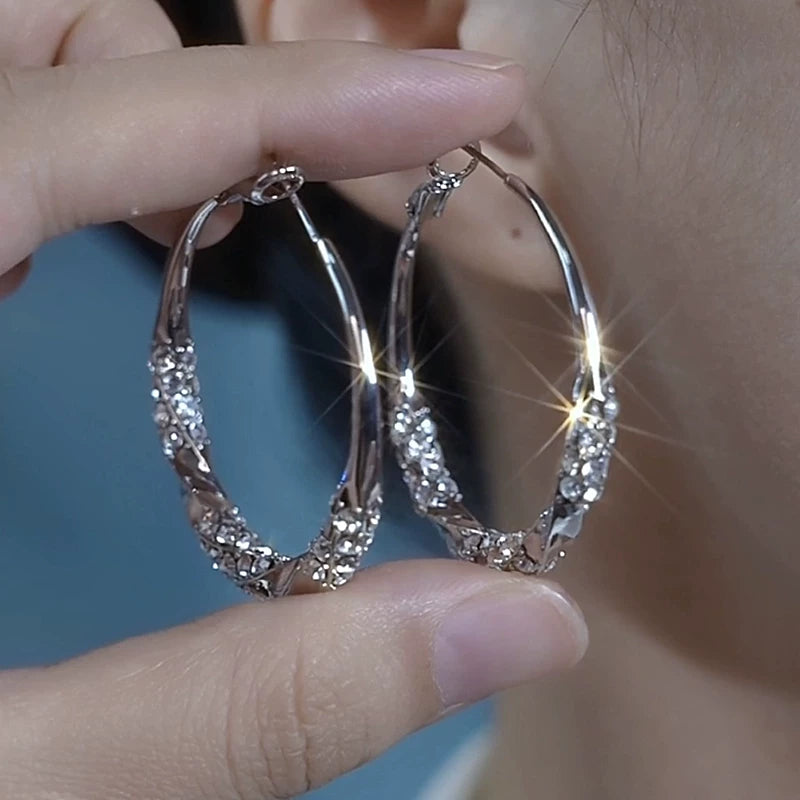 Silver Zircon Large Hoop Earrings for Women – S925 Silver Needle Statement Round Earrings