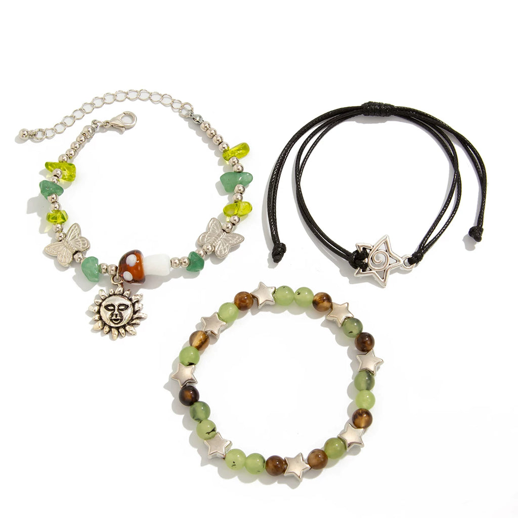 3-Piece Mushroom Crystal-Style Leather Wax Cord Bracelet Set – Summer Retro Stacking Hand Jewelry for Women