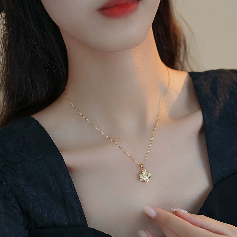 Double Layer Braided Pearl Necklace for Women – Camellia Pendant Clavicle Chain