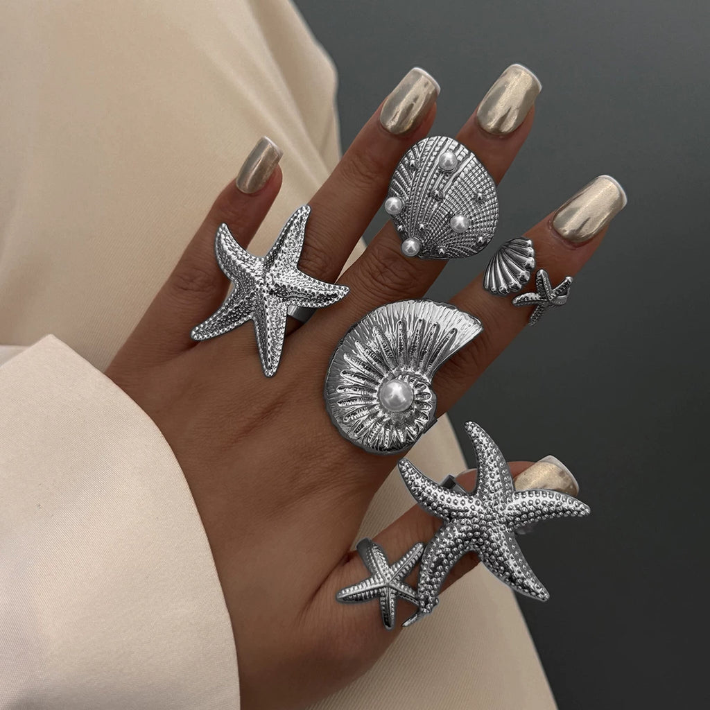 6-Piece Starfish, Scallop And Conch Ring Set. Hip-Hop Fashion Trend. Cool Accessories For Seaside Travel And Vacation.