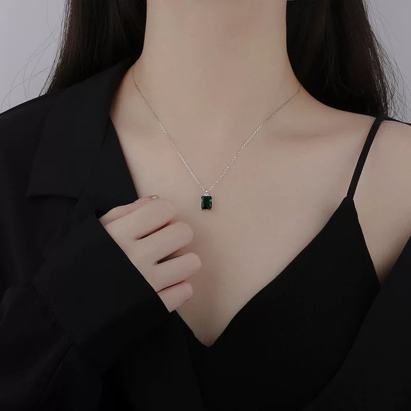 Sterling Silver Square Green Zircon Necklace for Women – Vintage Style Clavicle Chain