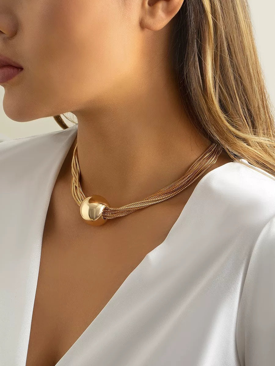 Love V Metal Ball Necklace for Women – European & American Retro Layered Titanium Steel Clavicle Chain Collar Jewelry