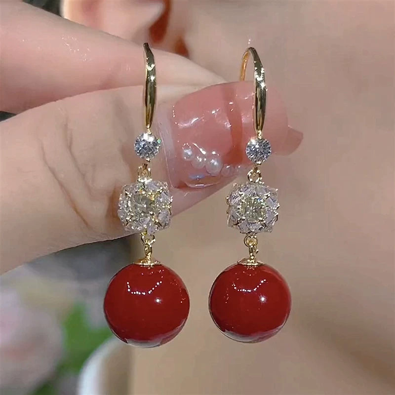 Antique Red Pearl Earrings for Women – Vintage Style Fashion Earrings, Autumn Winter Accessory