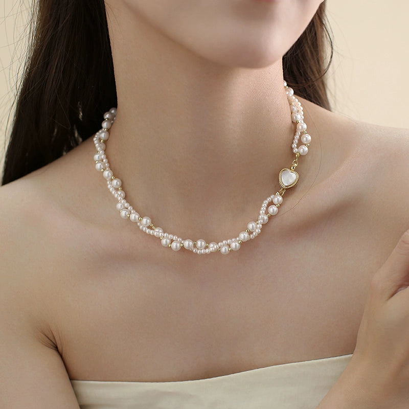 Shijia Pearl Necklace Women'S Light Luxury Advanced Double-Layer Wrap Twist Neck Bracelet French European And American Fritillaria Love Clavicle Bracelet