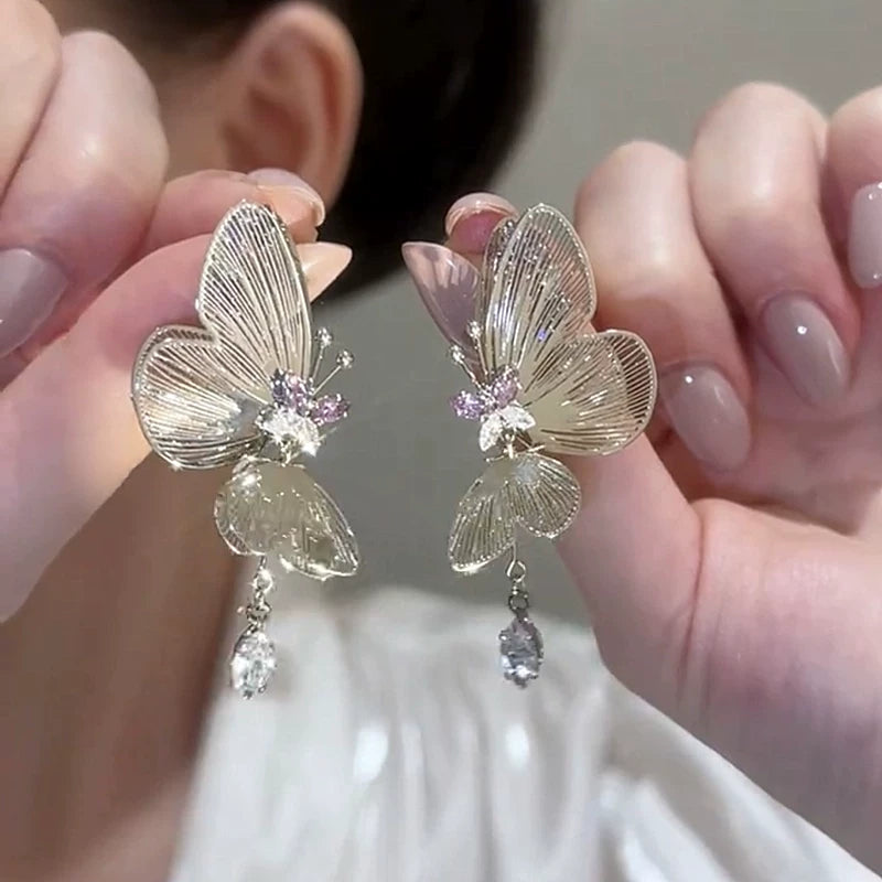 Hollow Butterfly Zircon Long Earrings for Women – S925 Silver Needle Retro Style Drop Earrings