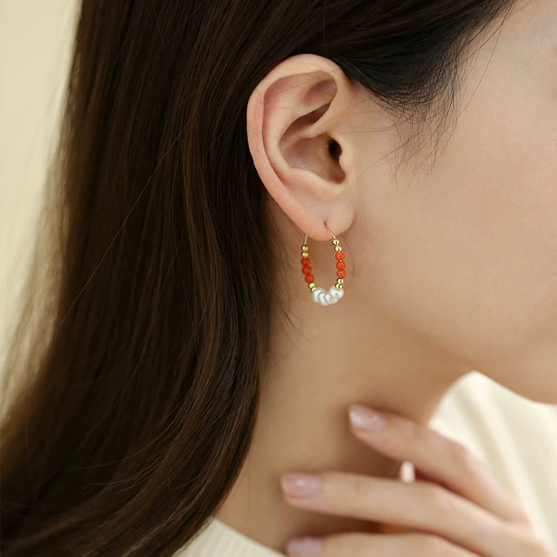 Natural Freshwater Pearl Red Agate Circle Earrings for Women – Chinese Style Round Fashion Earrings