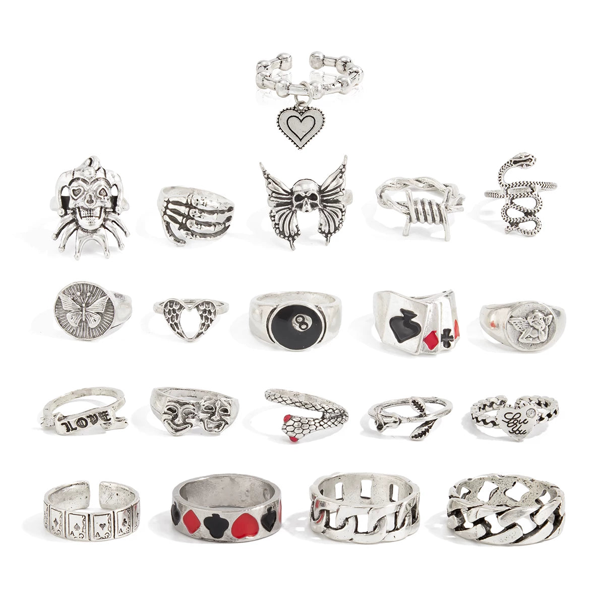 20-Piece Metal Poker Animal Ring Set, Gothic Style Retro Hip-Hop Fashion Festival Matching Ring Combination