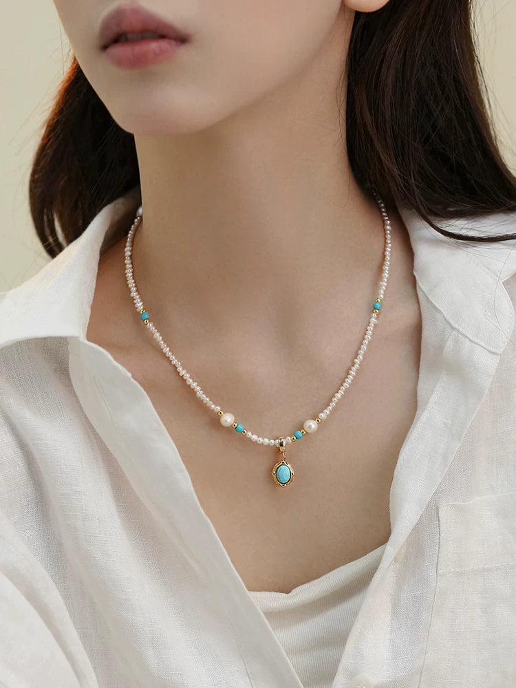 Natural Pearl Millet Bead Spliced Clavicle Necklace for Women – Turquoise Beaded Necklace