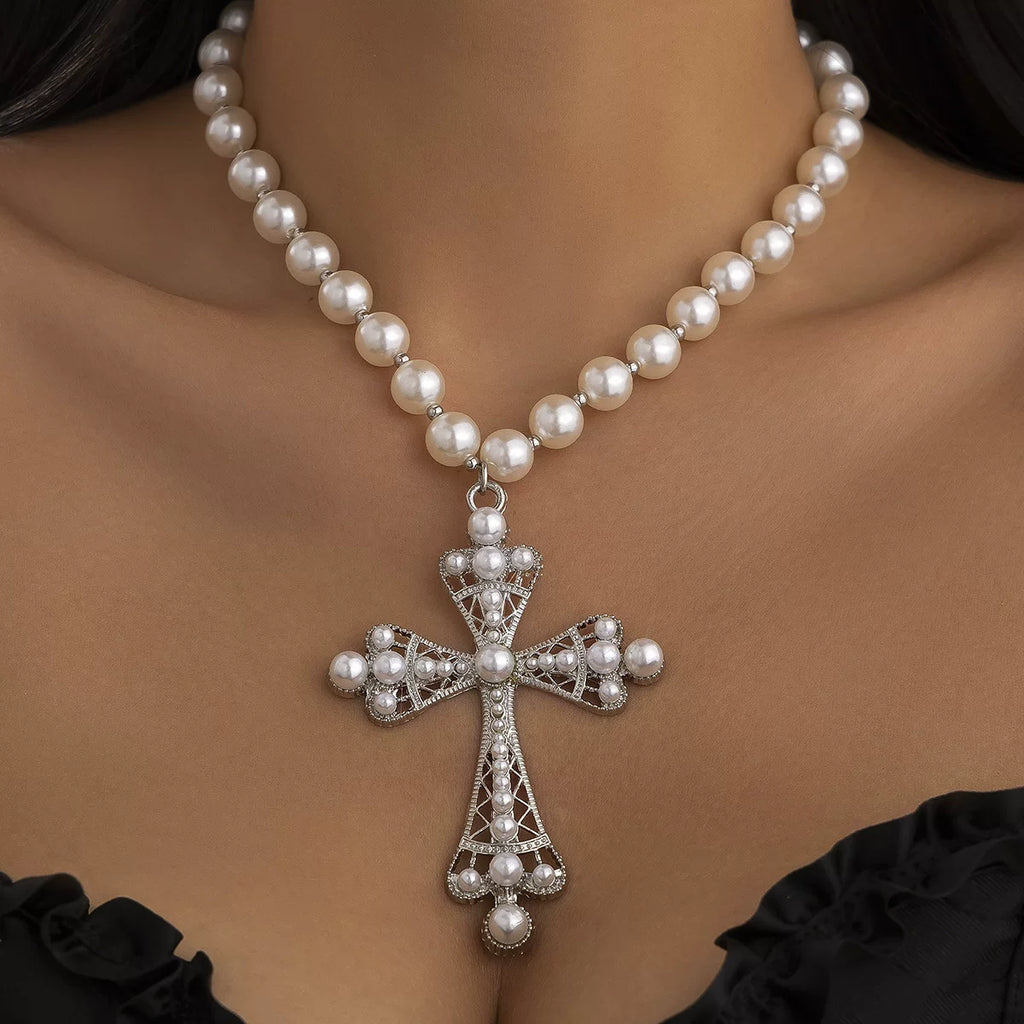 Diamond-Style Cross Double Layer Acrylic Bead Necklace for Women – Clavicle Chain Design