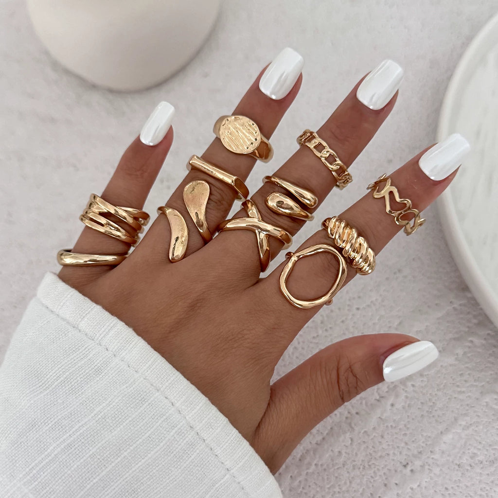 11-Piece Irregular Hollow Ring Set, Trendy, Fashionable And Versatile Accessories For Internet Celebrity Photo Shoots