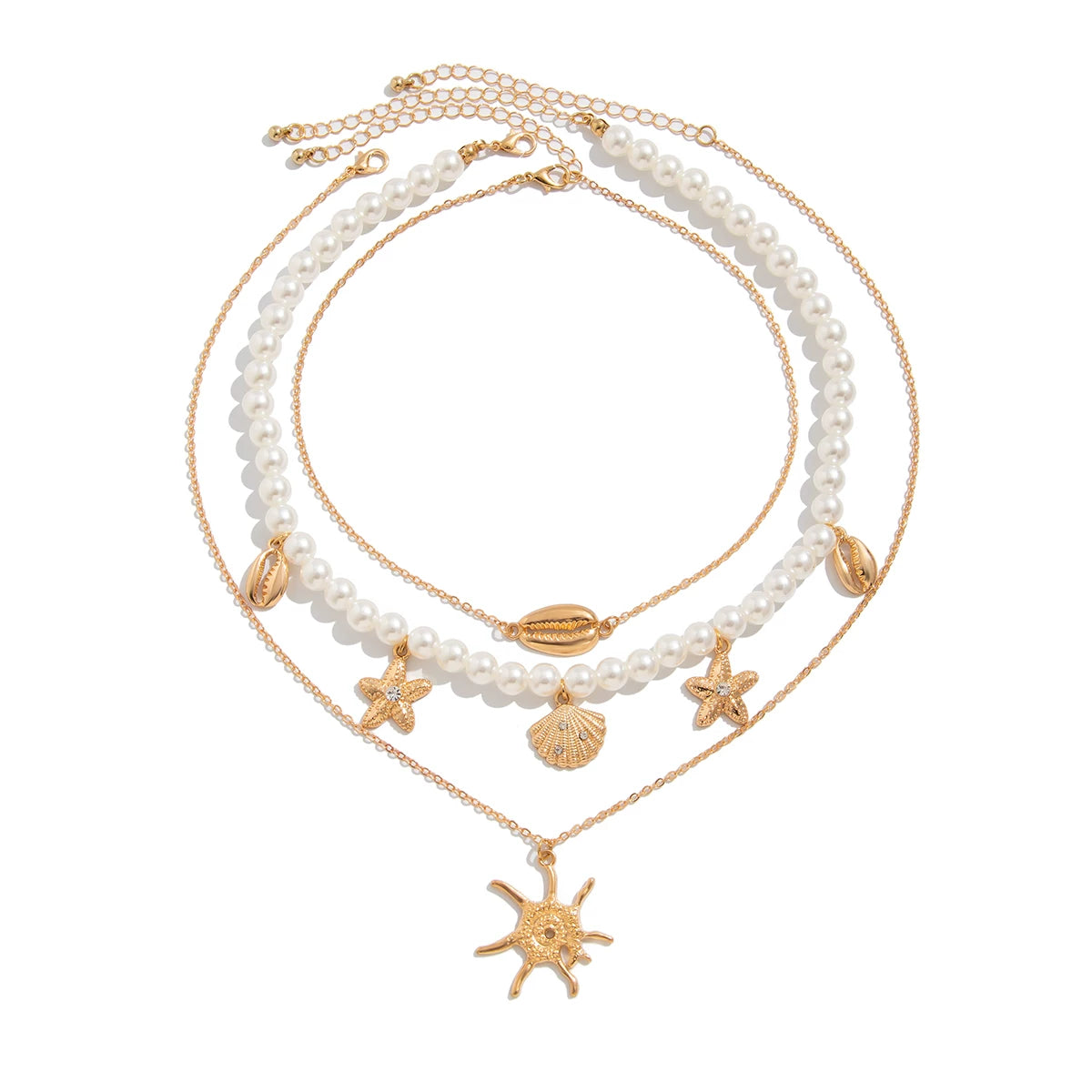 3-Piece Starfish Shell Imitation Pearl Necklace Set for Women – European & American Seaside Vacation Fashion Jewelry Accessories