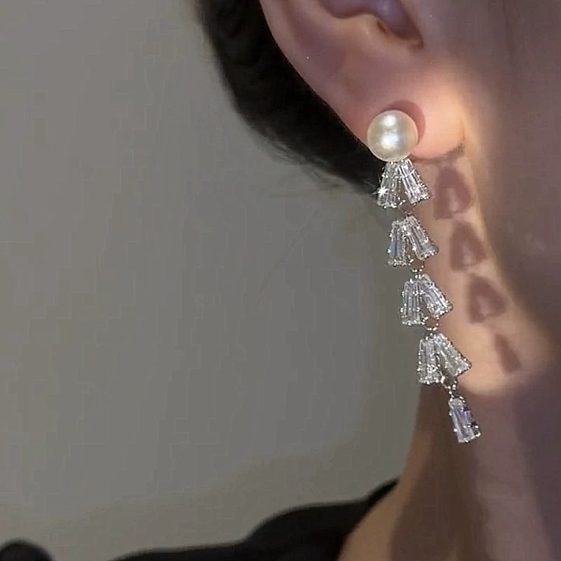 Zircon Pearl Tassel Earrings for Women – S925 Silver Needle Long Drop Fashion Earrings