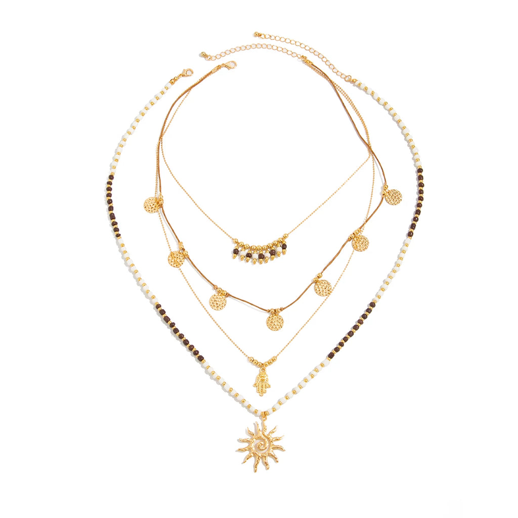 2-Piece Sun CCB Rice Bead Wax Thread Necklace Set – Layered Clavicle Chain Design