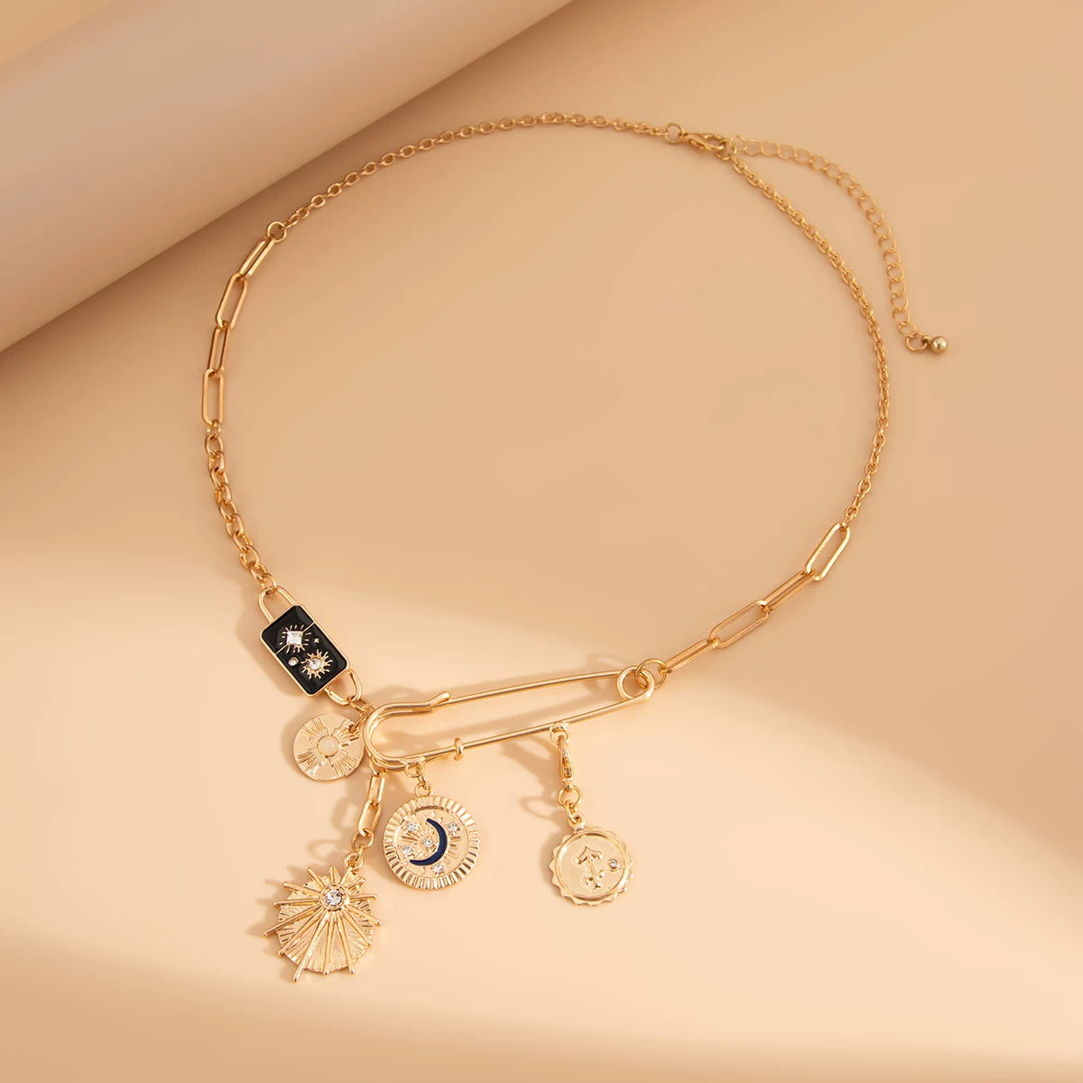 Star & Moon Round Pin Cross Necklace for Women – Asymmetric Clavicle Chain Design