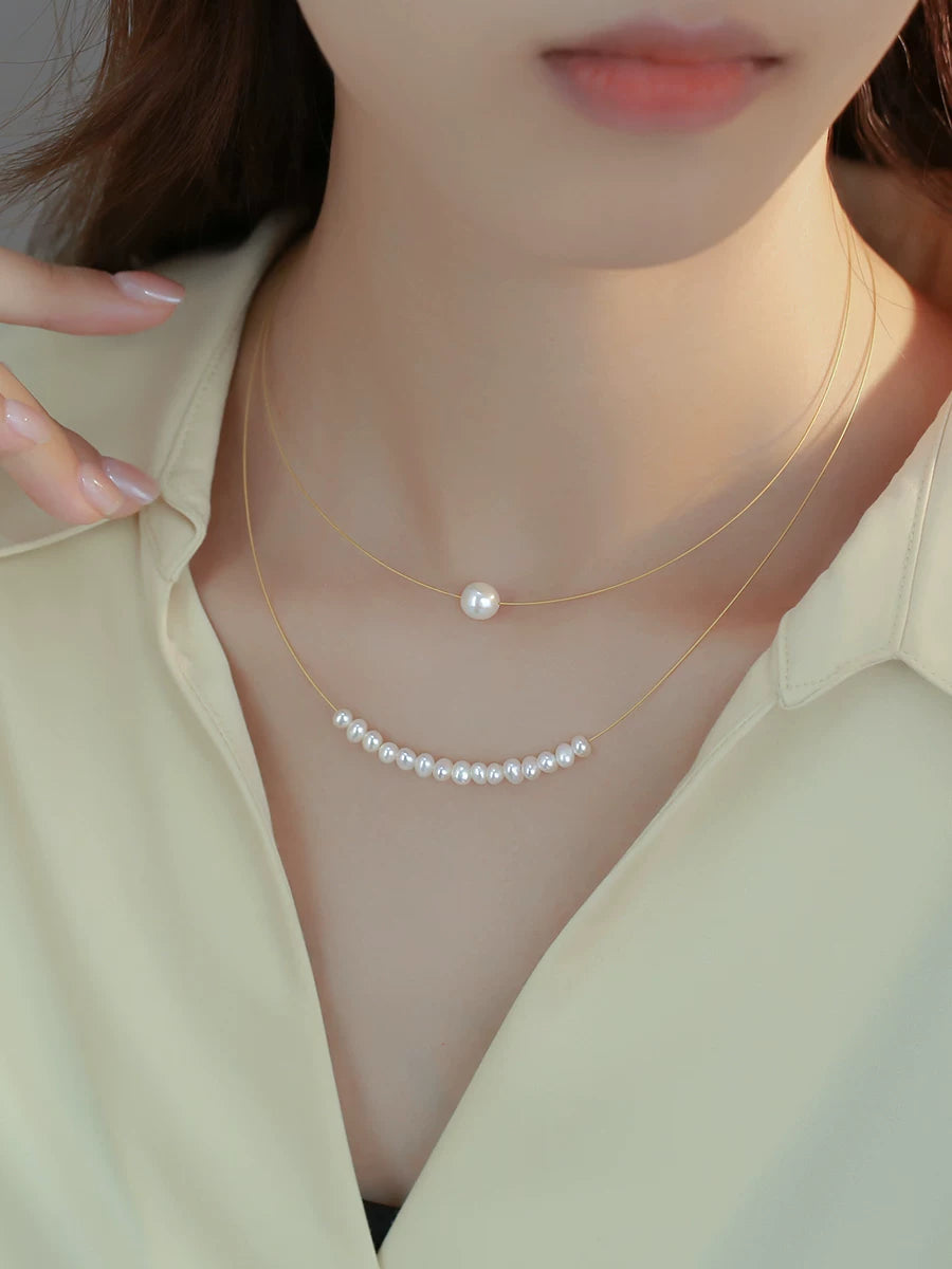 Natural Pearl Layered Clavicle Necklace for Women – 14K Gold-Filled Chain Necklace