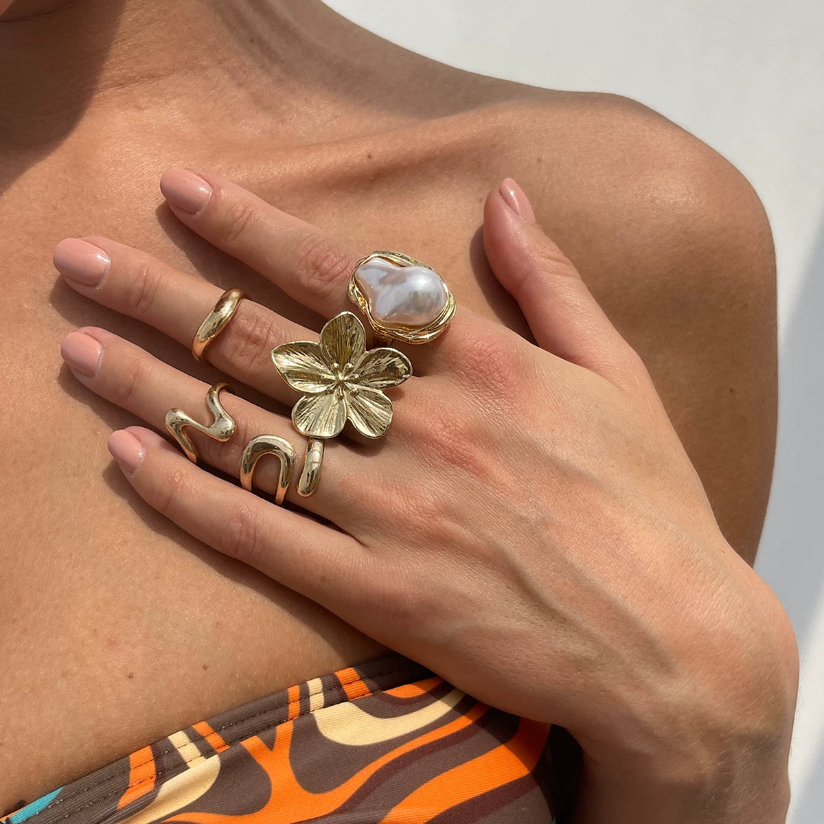 5-Piece Baroque Imitation Pearl Flower Ring Set Hip-Hop Fashion Personalized Travel Photo Matching Ring Set