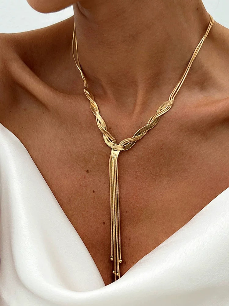 Love V Gold Knotted Tassel Snake Chain Long Necklace for Women – European & American Style 2025 Trendy Sweater Chain Jewelry
