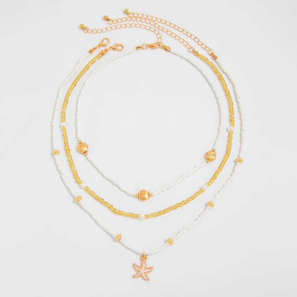 3-Piece Starfish & Scallop Rice Bead Necklace Set – Summer Beach Style for Women